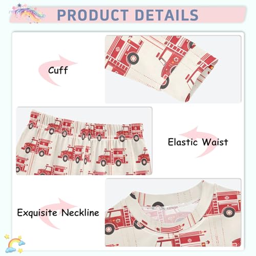Red Fire Trucks Pattern Cute Pajama Sets Long Sleeve Top and Pants, Snug Fit Sleepwear for Night Wears4