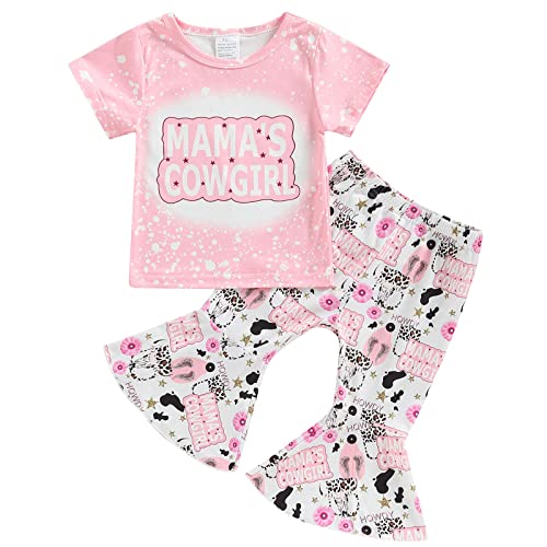 Image of Mubineo Infant Baby Girl Summer Fall Outfits Western Cowgirl Clothes T Shirts Bell Bottom Pants Sets (Pink, 0-6 Months)