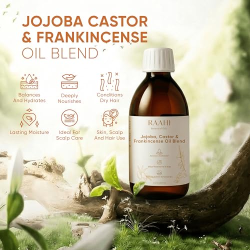 Image of RAAHI Jojoba Oil, Castor Oil and Frankincense Oil Blend for Hair and Skin, 8.45 fl oz / 250 ml, Botanical Moisturizer for Scalp, Face, Body and Hair