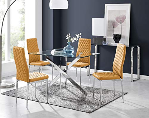 Furniturebox UK Leonardo 4 Clear Glass and Chrome Metal Modern Stylish Dining Table and 4 Luxury Stylish Milan Dining Chairs Set (Table + 4 Mustard Milan Chairs)