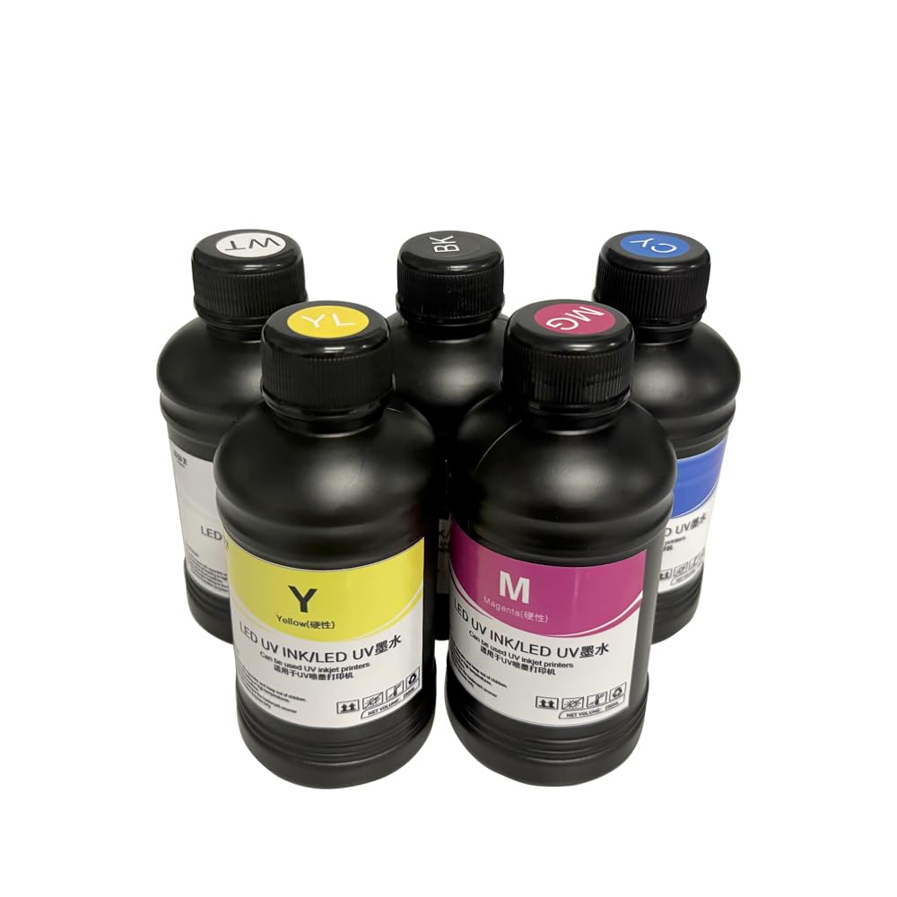 Inchiostro UV LED per stampante UV, 5 x 250 ml, 5 colori: ciano, giallo, nero, magenta, bianco