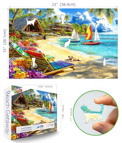 Image of 500 Piece Jigsaw Puzzle for Adults Tropical Beach Summer Scene with Sailboats & Palm Trees, Relaxing Vacation Puzzle with Letters on Back Fun Gift for Seniors, Family, Adults (23x15 Inch)