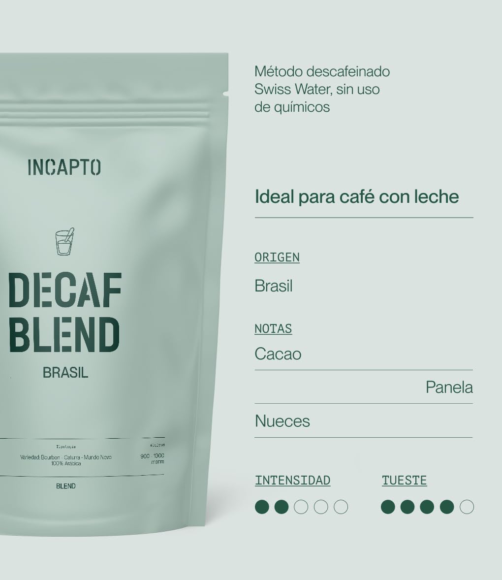 Incapto Café Descafeinado de Especialidad en Grano 500g 100% Arábica Brasil Swiss Water Decaf