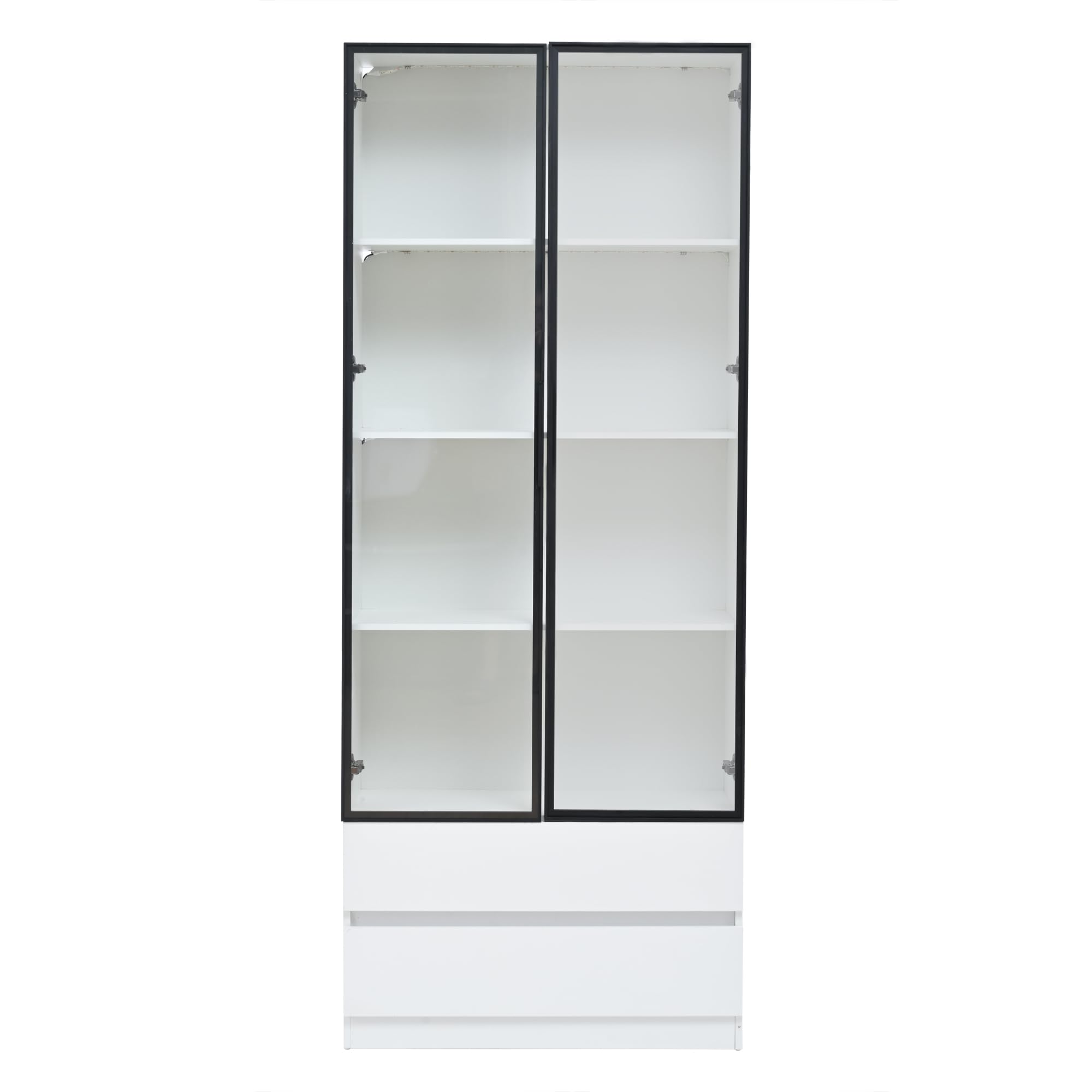 Vitrina, 80 x 34 x 200 cm, armario alto con luces LED, armario auxiliar para salón con 2 puertas, armarios de vitrina con 2 cajones, estantería, estantería, estante de exhibición, marco de