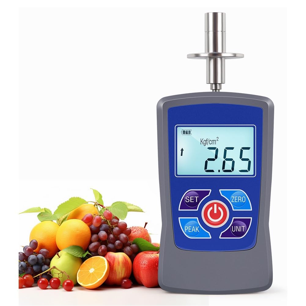 Medidor digital de dureza de fruta con pantalla de kg/fcm², modos de pico/primer pico, modelos GY-M15/GY-M30, gris-negro GY-M30