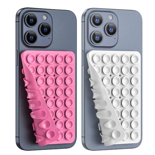 Image of Double Sided Silicone Suction Phone Holder Mount, Silicon Accessory for iPhone and Android, Hands-Free Mirror Shower Phone Holder, TikTok Videos and Selfies (Pink+White)