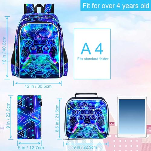 Image of WZLVO 3PCS Kids Game Backpack for Boys, 16 inch Cool UV Printing Bookbag /School Bag with Lunch Box & Pencil Bag for Preschool to Elementary - Sci-Fi Game
