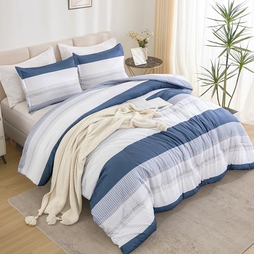 Litanika Mineral Blue California King Comforter Set - 3 Pieces Cal King Oversized Lightweight Summer Colorblock Stripe Bedding Set (104x96In, 2 Pillowcases)