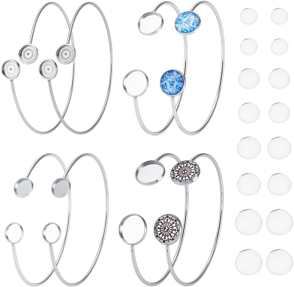 UNICRAFTALE 8pcs 4 Styles Cabochon Blank Bracelets Cuff Bangle Bases with 16pcs Glass Cabochons Stainless Steel Blank Bracelets for Jewelry Making DIY Crafting Inner Diameter 5.6-6.45cm