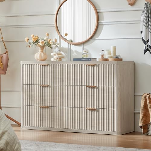 Image of LEYAOYAO Fluted 6 Drawers Dresser for Bedroom, 48 inch Wide Modern Chest of Drawers with Metal Handle, Light Grey Curved Profile Farmhouse Closet Organizer Wood Dressers TV Stand for Living Room, Hallway