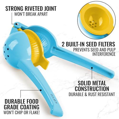 Image of Zulay Metal 2-In-1 Lemon Squeezer Manual - Sturdy, Max Extraction Hand Juicer Lemon Squeezer Gets Every Last Drop - Easy to Clean Manual Citrus Juicer - Easy-to-Use Lemon Juicer Squeezer - Blue /Yellow