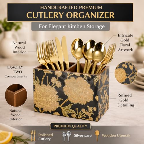 Image of Wooden Spoon Holder for Dining Table | 2-Section Cutlery Storage Box | Kitchen Utensil Organizer with Elegant Gold black Pattern | Multipurpose Tabletop Stand | 10 x 16 x 12 cm (Black Design)
