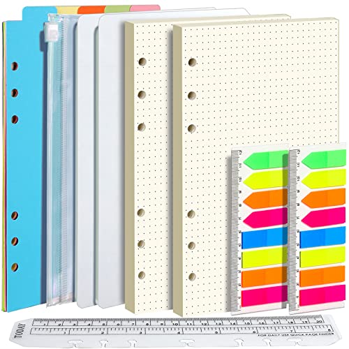 A5 Papier Gepunktete Nachfüllpapiere Set, FANDAMEI 6 Löcher A5 Gepunktete Nachfüllbare Notizpapier 90 Blätter, 7 Stk. Trennblätter A5, 320 Stk. Haftnotizen, 1 Stk. Umschlägbeutel, 20 CM Lineal A5