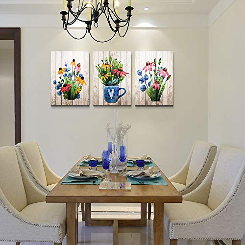 Vintage Wood Grain Plant Flowers Wall Art For Kitchen Wall Decorations For Living Room Bathroom Decorations Room Wall Decor 3 Pieces Framed Canvas Print Artwork Modern Office Home Decor Paintinge #TOP4