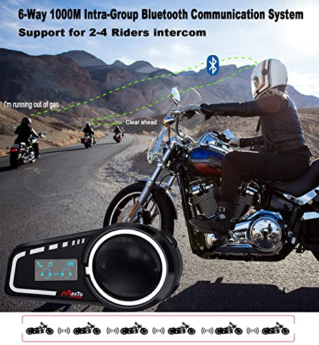 Maxto M2Cバイクインカム 最大6人同時通話インカム 1000M通話距離Bluetooth5.0防水インターコム LCD表示画面付き HI-FI音質スピーカーいんかむ FMラジオ GPS Siri音声対応 2台設備同時接続インカムバイク 2種類マイク日本語説明書付き（バイクインカム1枚）