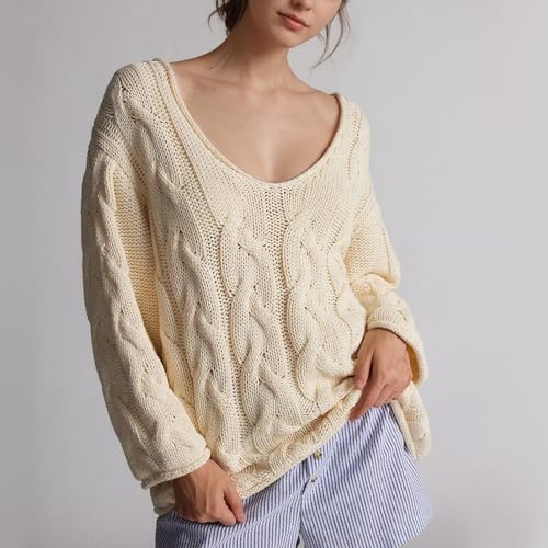Womens Oversized Off The Shoulder Sweaters Chunky Knit Wide V-Neck Tops Casual Slouchy Pullover Fall Outfits3