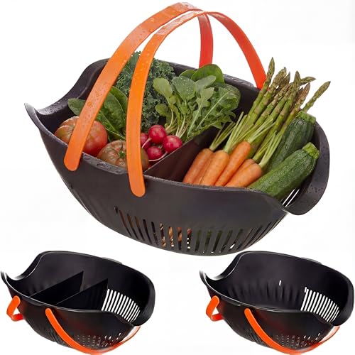 Nuogo 3 Pcs Garden Harvest Basket Removable Partitions with Tool Caddy for Collecting Carrying and Cleaning Harvesting Basket Doubles as a Colander for Vegetables and Fruits Garden Accessories