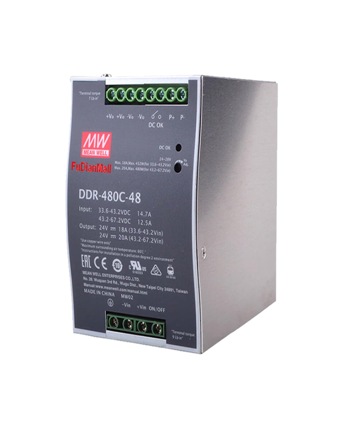 Mean Well DDR-480C-48 480W DIN Rail Type DC-DC Converter 48V 10A Fully Modular Power Supply