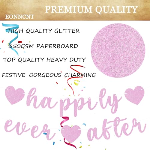 Image of Pre-Strung Happily Ever After Banner - Pink Glitter Bachelorette Bridal Engagement Party Decoration Supplies, Bachelorette Wedding Party Banner for Engagement, Bridal Shower, Wedding Party Photo Booth Props