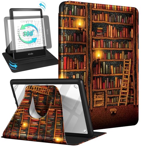 Kidcube for Kindle Paperwhite 11th Generation Case 6.8 Inch 2021/Paperwhite Signature Edition Case Women Girls Boys Cute Library Retro Design Rotating Stand Teen Men Folio Cover with Auto Wake/Sleep by Kidcube - Used condition - US$10.57