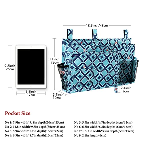Image of Surblue Bedside Caddy Hanging Organizer Storage Bag for Bunk and Hospital Beds, College Dorm Rooms, Baby Bed Rails, Camp (8 Pockets), Blue Plaid