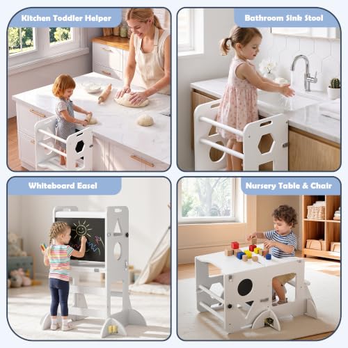 Image of Toddler Standing Tower Anti-Tip Wooden Kitchen Step Stool Helper，White