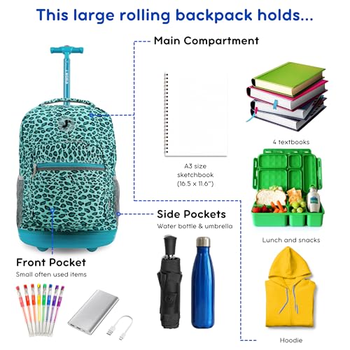 Image of J World Sunrise Kids Rolling Backpack with Wheels for Girls Boys, Roller Bookbag for School, 18 x 13 x 9 Inches, Mint Leopard