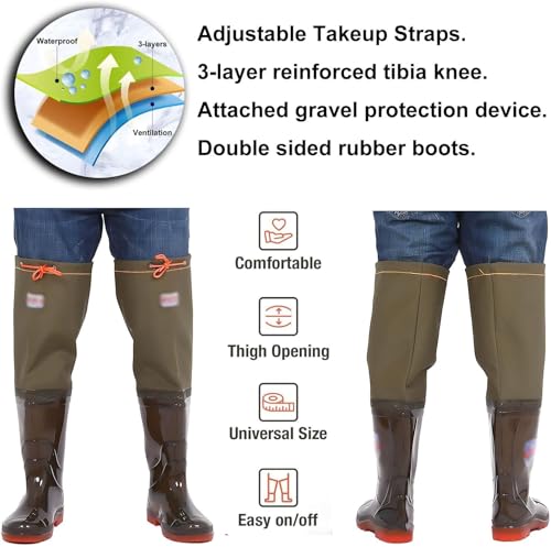 Outdoor Hip Waders for Men Women, Waterproof Insulated Fishing BootfootWader, Wading Boots with Cleated Outsole (9.5)4
