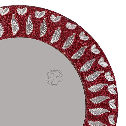 Image of Round Wall Mirror - Rustic Accent Mirror for Bathroom, Entry, Dining Room, & Living Room, Metal Round Mirror with Thin Wooden Frame, Maroon, 12 inch x 12 inch