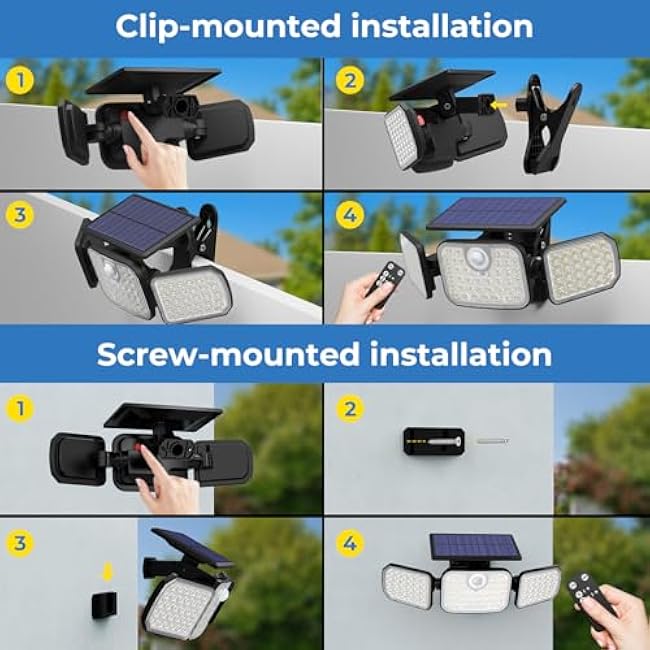Peasur 2 Pack Clip on Solar Motion Lights Outdoor with Remote Control, Solar Security Light with 3 Modes, IP65 Waterproof Flood Lights Outside for Camping Garden Patio Garage Backyard, White