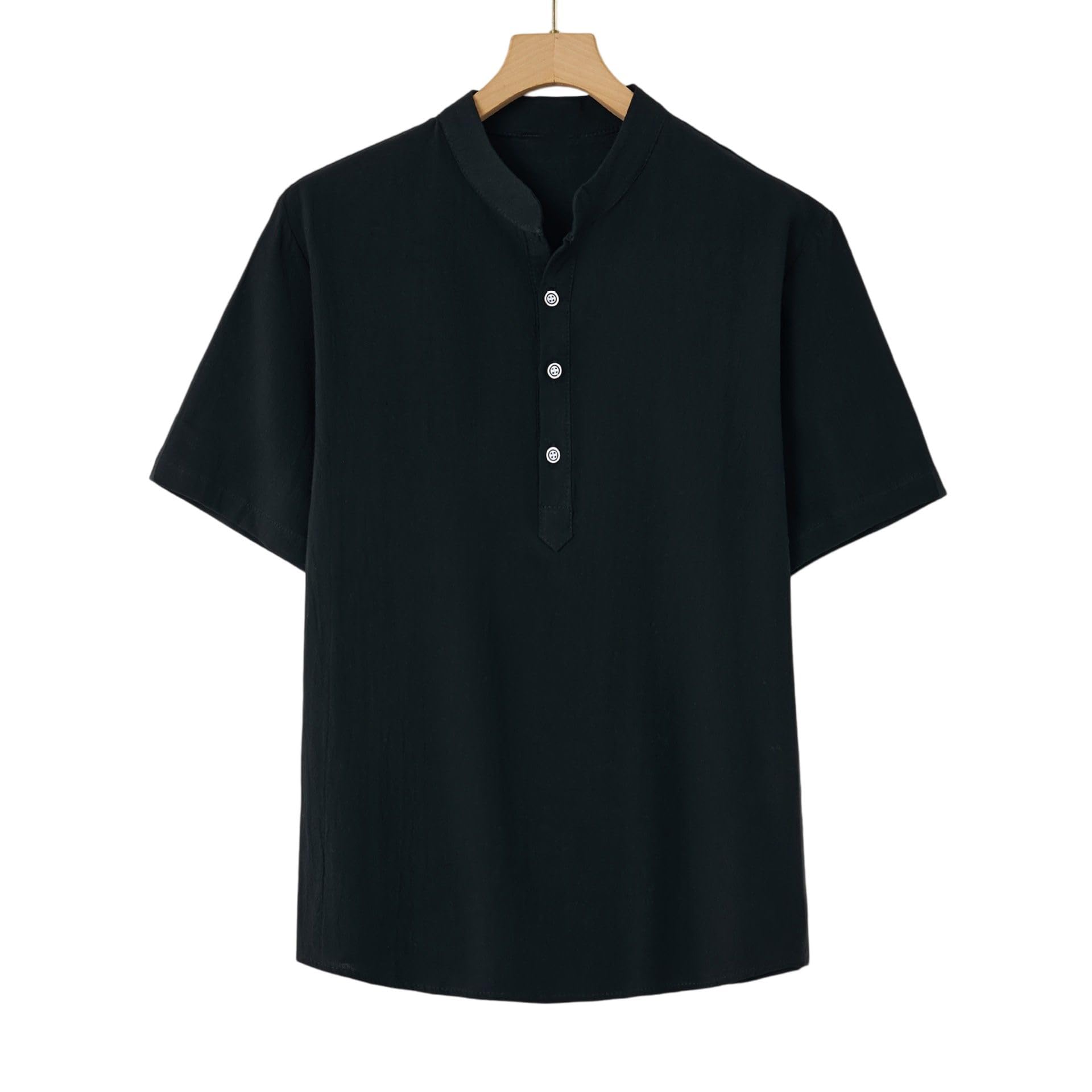 Camiseta Henley de manga corta con tres botones y mezcla de lino y algodón para hombre, resistente a las arrugas