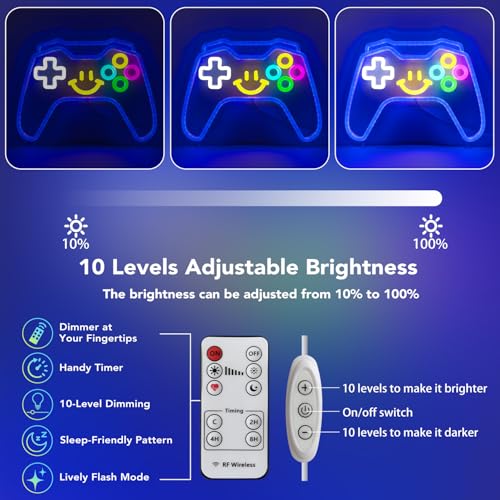 Image of Gaming Neon Signs Controller LED Sign with Remote for Gamer Room Decor, Gamepad Shaped LED Neon Sign for Son Gamer Lovers Gifts, Game Neon Light Smile Face for Basement Bedroom Boys Man Cave Kids Teen