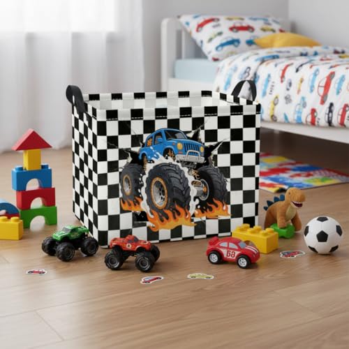 Image of Rectangular Baby Kids Storage Basket for Home Kitchen Girls Cute Toy Storage Bin Organizer Shelf Book Room Decor(Checkered Truck)