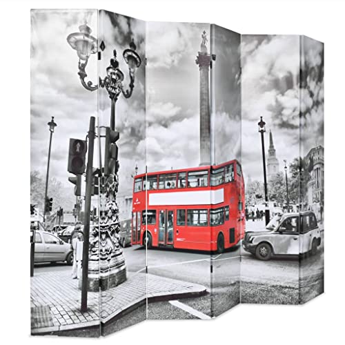 Cloison de séparation 228 x 170 cm, paravent Pliable avec Cadre en Bois et Toile imprimée Rue de Londres et Bus Rouge, idéal pour Chambre, Salon ou Bureau.