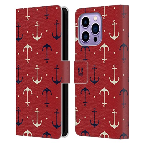 Carcasa de cuero iPhone 14 Pro Max con diseño de anclajes marinos