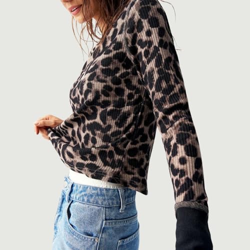 Women Boho Leopard Print Waffle Knit Top Long Sleeve Crew Neck Slim Fit Vintage Cheetah Graphic Thermal T Shirt4