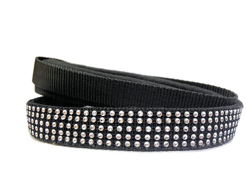 LEACO Premium Nylon Padded Big Crystal Chain Dog Collar ( Black, Medium - Large) with 2.5Mtr Leash