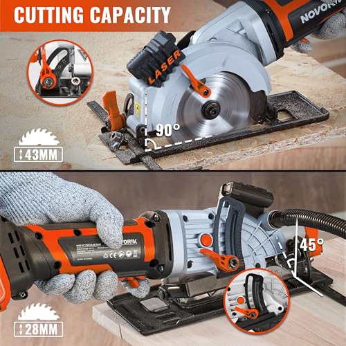 NovorikX 20V Mini Circular Saw Cordless 4-1/2" with Laser 3400RPM, 2 Saw Blades with Rip Guides, Max Cutting Depth 1-11/16" (90°), 1-1/10" (45°) for Wood,Soft Metal, Plastic, Drywwall, Tile Cuts - Image 8