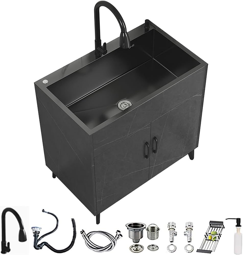 19.6-32.2In Stainless Steel Utility Sink Laundry Sink with Cabinet,Freestanding with Retractable Hot & Cold Faucet,for Kitchen Outdoor,Restaurant,Garage,Laundry Room,Black,55 * 45cm
