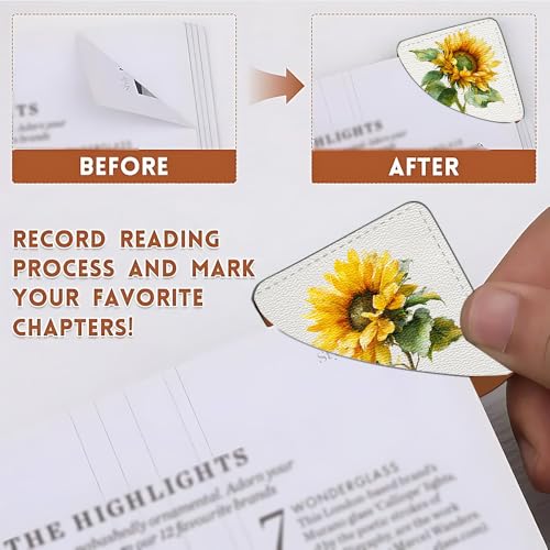 Image of 2Pcs Sunflower Corner Bookmarks, Handmade PU Leather Page Corner Protectors, Summer Floral Stationery Gift for Women, Teachers, Students, Aesthetic Reading Accessories 3.54 x 3.54 Inch