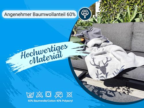 ZOLLNER Kuscheldecke in 150x200 cm - Flauschige und weiche Wendedecke in Zwei schlichten Farben - Trendige Hirschkopfeinwebung in grau - Mischgewebe - waschbar bis 40°C – Oeko Tex® Zertifiziert