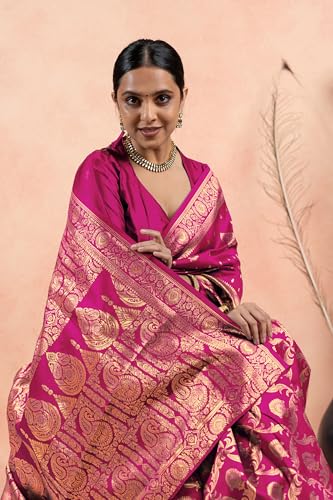 Image of Subham Women Saree Chandrakor Paithani Silk Cotton | Soft Daily Wear Golden Zari Sari with Unstitched Blouse