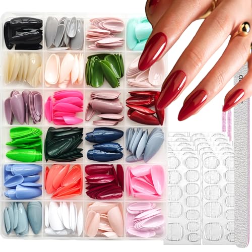 Image of 24 Colors Press on Nails Short Almond Fake Nails Pure Color Glue on Nails Reusable Artificial Acrylic Nail Solid Color Full Cover False Nails Glossy Stick on Nails for Women Manicure 576Pcs