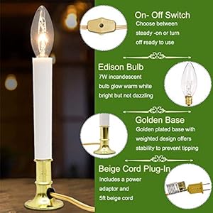 GOOTHY Electric Window Candles Lights with Golden Plated Base, Plug in Christmas Window Candles Lamp with C26 Clear Lights Bulb, Turn On/Off, 4 Pack GOOTHY Electric Window Candles Lights with Golden Plated Base Plug in Christmas Window Candles Lamp with C26 Clear Lights Bulb Turn OnOff 4 Pack