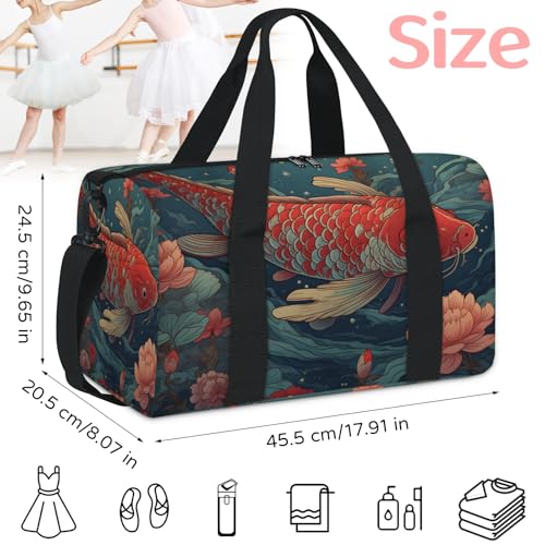 Koi Fish Pattern Sports Duffle Bag for Women Men Waterproof Overnight Weekender Bag with Adjustable Strap Travel Tote Bags for Beach Yoga Work Dance Swim2