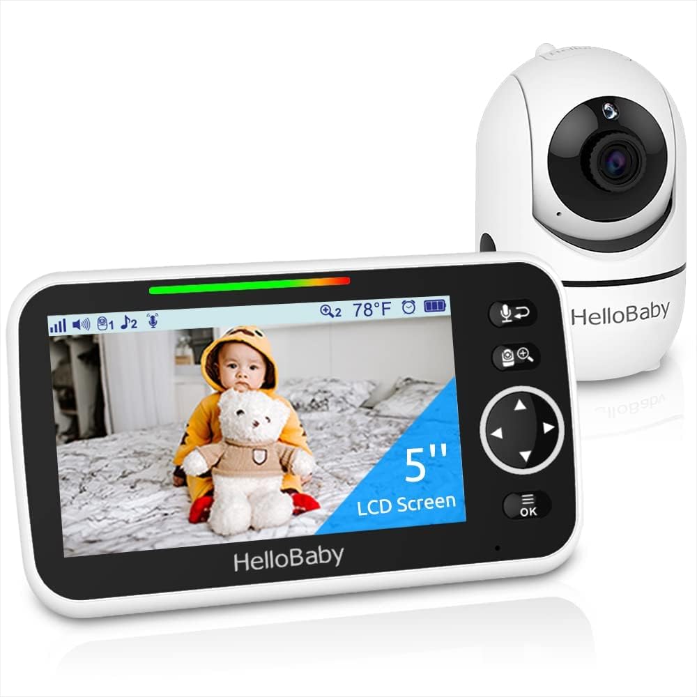 HelloBaby Video-Babyphone, 5 Zoll geteilter Bildschirm mit 3500 mAh, Kabelgebundene Kamera, Pan-Tilt-Zoom Babyphone mit Kamera und Audio, Nachtsicht, ECO, 2-Wege-Audio, 8 Schlaflieder