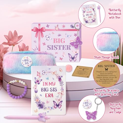 CY2SIDE Big Sister Gifts for Girls, 7PCS In My Big Sis Era Announcement Set Include Butterfly Notebook Pen Plush Pouch Keychain and Greeting Card, Charm Birthday Gifts for New Sibling Arrival Age 2-8 - image 3