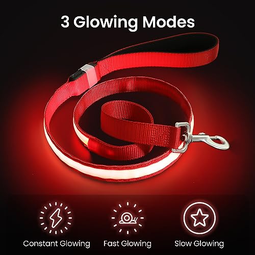 MASBRILL LED Hundeleine, Leuchtend für Kleine, Mittel Große Hunde, Wiederaufladbar &, 3 Beleuchtungsmodi 5 Farben Erhältlich, Glühen im Dunkeln Sicherheit Nachtwandern (Rot)