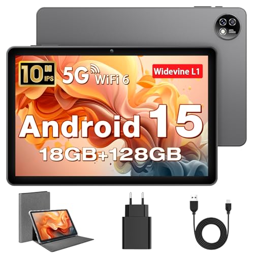 Tablet 10 Pulgadas, Tableta Android 15 con Funda, Octa Core, 18 GB RAM + 128 GB ROM + 1 TB TF, Pantalla HD IPS 1280 x 800, Cámara Dual 5MP + 8MP, 6000 mAh, WiFi 6, BT 5.0, Widevine L1, GPS, K302