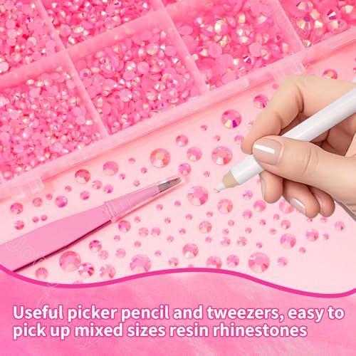 Image of 16000Pcs Flatback Resin Jelly Pink Rhinestones for Crafting DIY Clothing | Pink Gems Jelly Rhinestones Mixed Sizes Bedazzling Crystal with Pickup Tool for Crafts Tumblers Mugs Shoes Fabric Nail Art